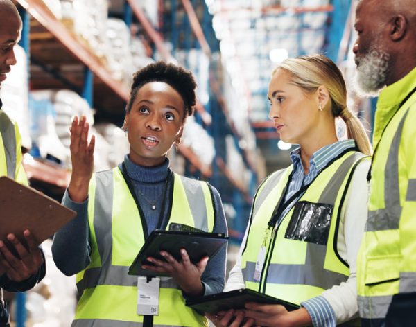 Warehouse, supply chain and people with tablet in meeting for inspection checklist, plan and update.